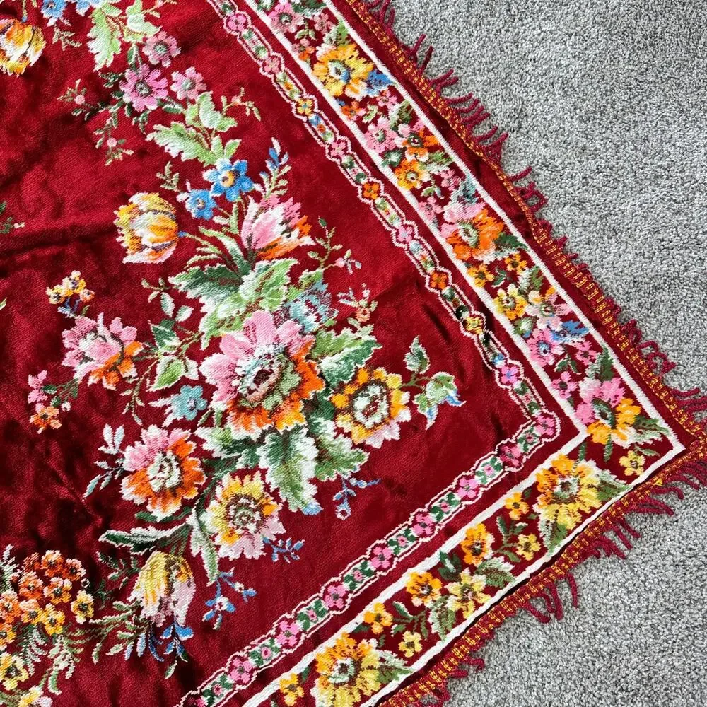 Vintage Italian Velvet Floral Tapestry Wall Rug Bedspread Red 58 x 88 inches
